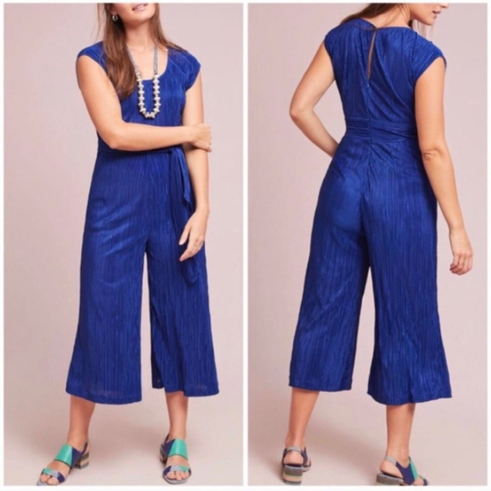 Maeve by Anthropologie Blue Plissé Jumpsuit